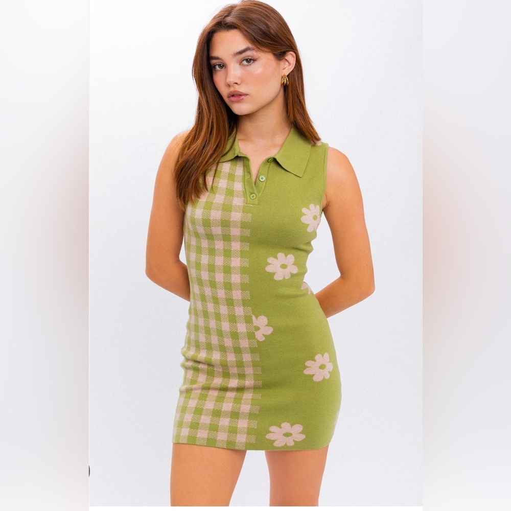 Lelis Olive Green Split Patterned Collared Sweate… - image 1